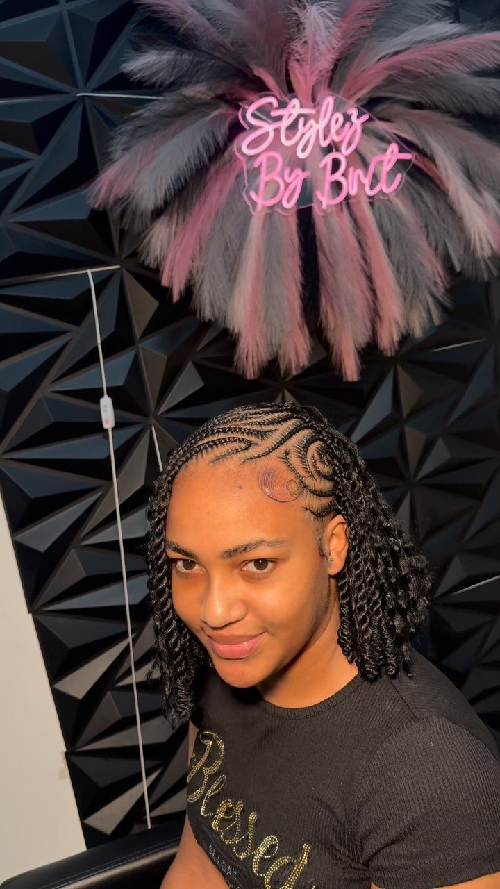 16 Big Cornrow Hairstyles for Bold, Standout Looks 8 Woman with curved cornrows on top transitioning into loose braided twists.