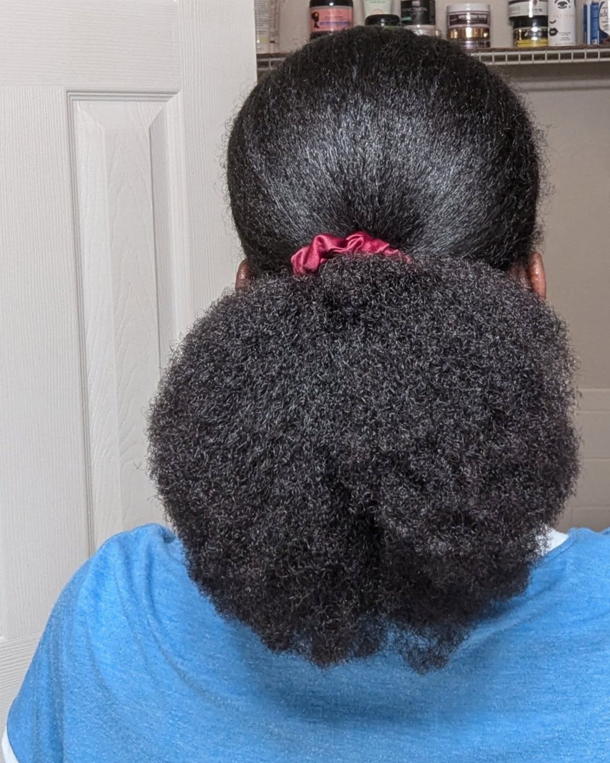 31 Black Hair Natural Hairstyles for Every Length 31 Back view of black natural hair tied in a ponytail with red scrunchie