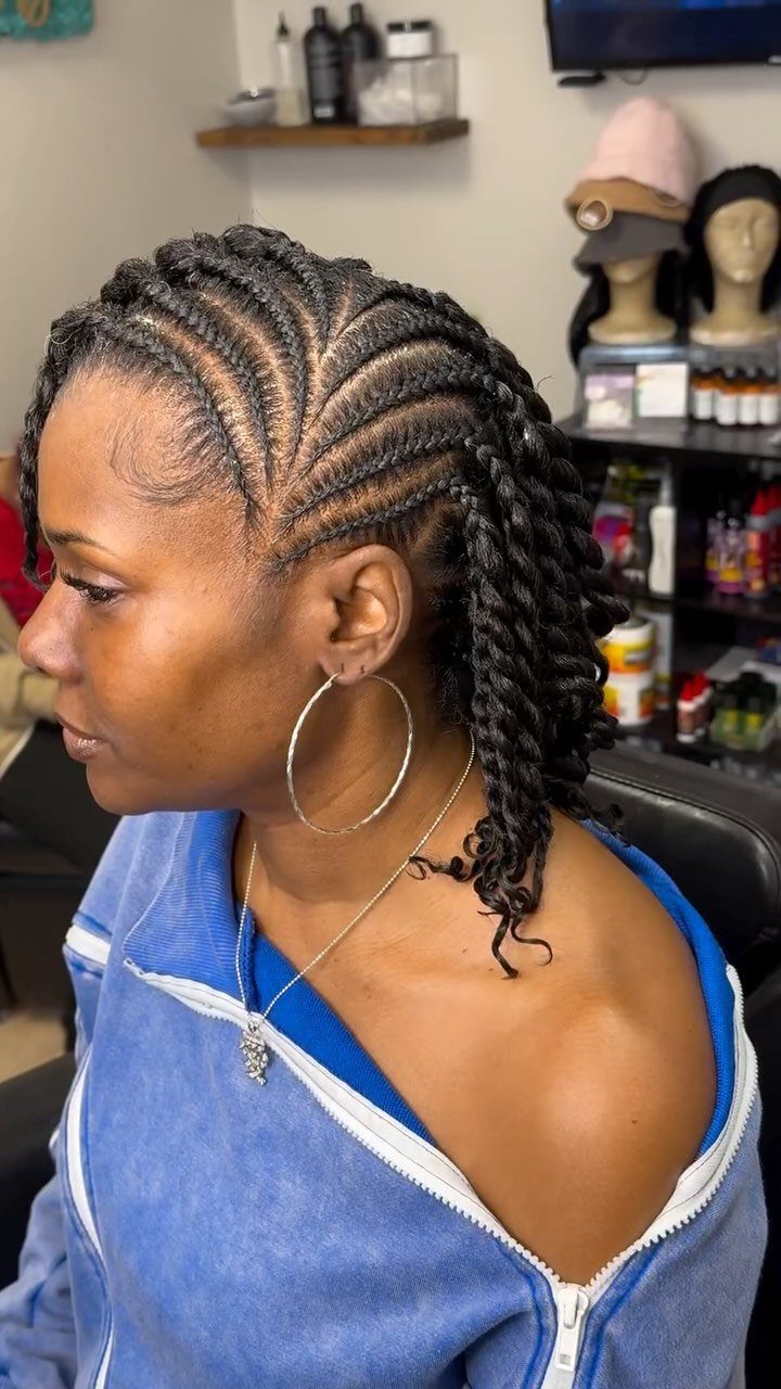 15 Braid Hairstyles for Thick Hair, From Bubble to Boho 12 Woman with curved cornrow braids transitioning into twists in a salon setting