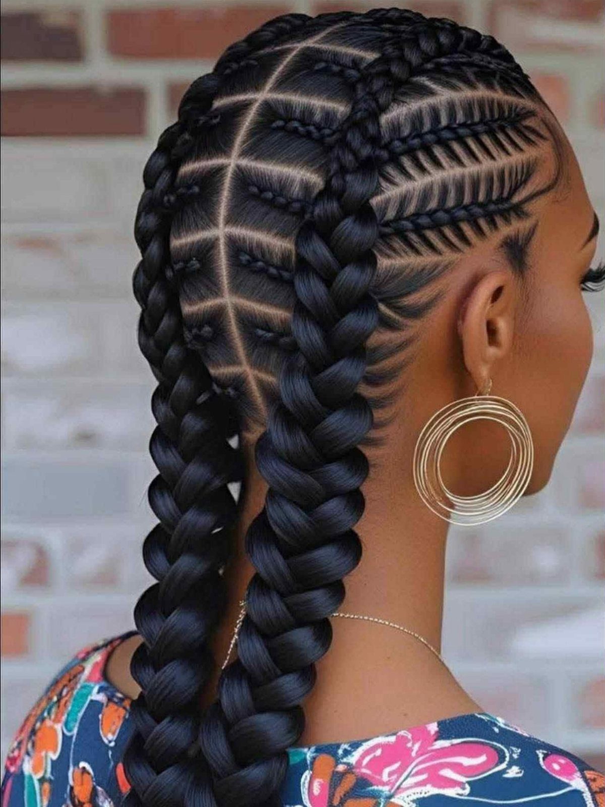 15 Braid Hairstyles for Thick Hair, From Bubble to Boho 14 Woman with intricate geometric cornrow braids and two thick hanging braids.