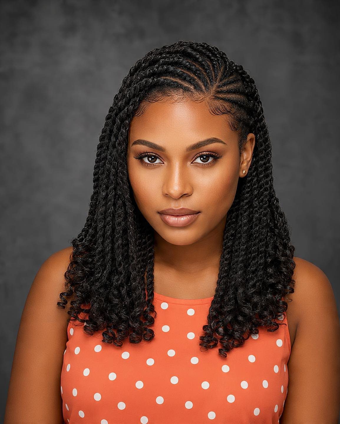 15 Braid Hairstyles for Thick Hair, From Bubble to Boho 11 Woman with black Senegalese twists and cornrows wearing an orange polka-dot top.