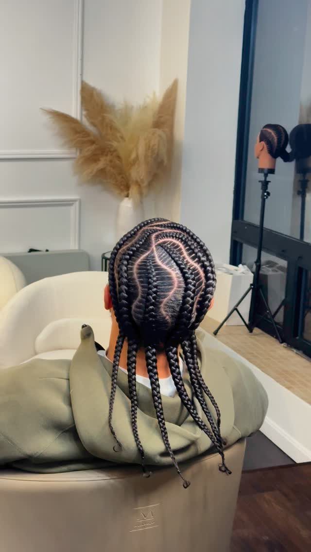 11 Braided Mens Hairstyles: Cornrows, Box Braids and More 2 Man with intricate cornrow braids transitioning into long hanging braids from behind.