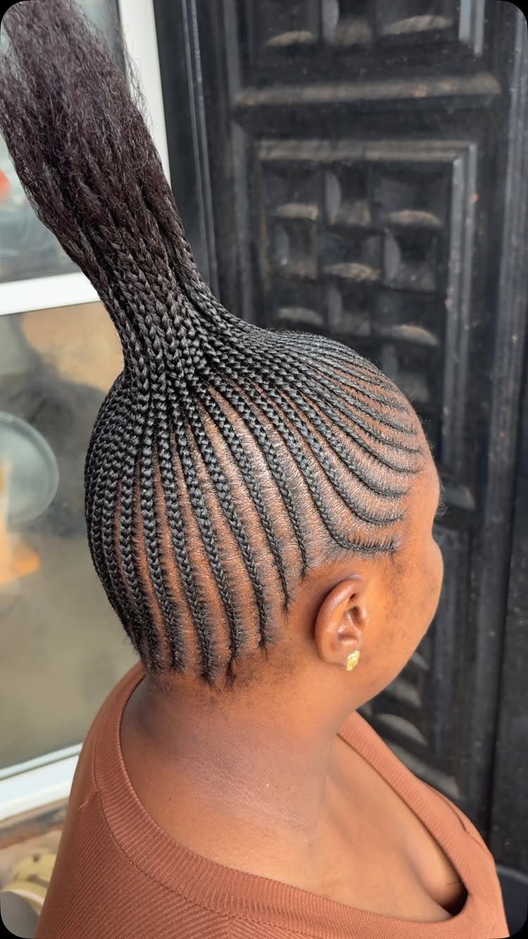 9 Braids with Natural Hair Only: Styles Without Extensions 7 Person with black hair in cornrows gathered into a high, thick ponytail.