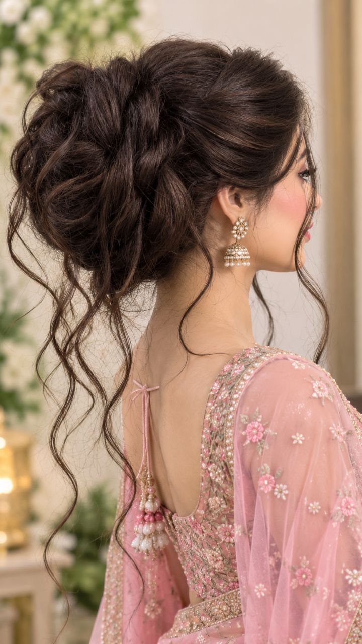 8 Ideas for a Bun with Curls, From High to Low 7 Woman with dark brown hair styled in a curly bun with loose ringlets.