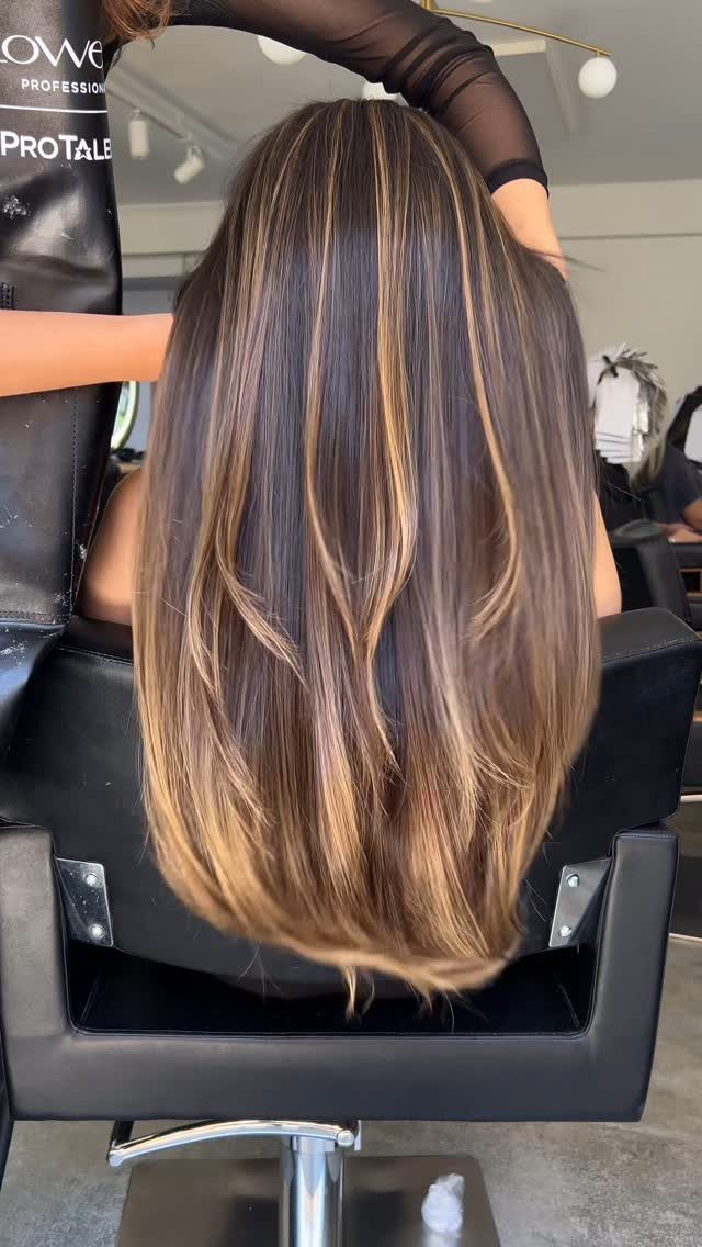 Caramel Mousse Hair Ideas: 5 Looks from Balayage to Highlights 4 Long straight brown hair with golden caramel highlights seen from the back in salon