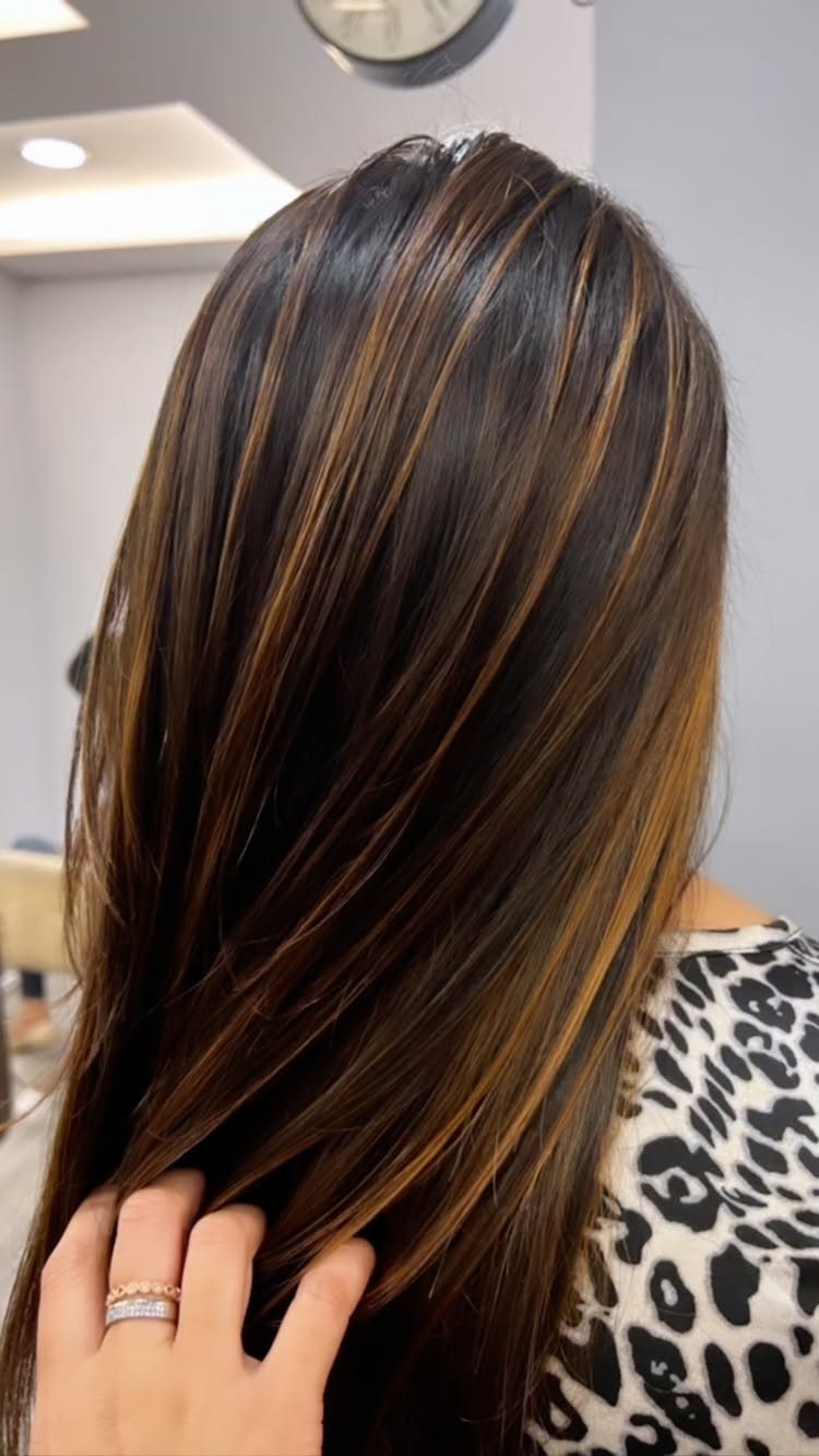 Color Hair for Morena: 8 Shades That Flatter Brown Skin 7 Long dark brown hair with golden honey brown highlights from behind.