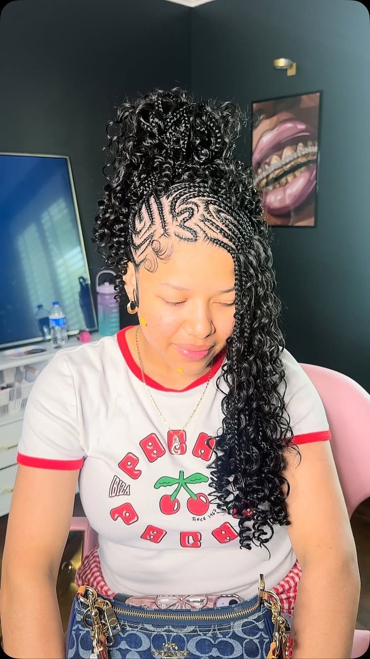 Cornrows Braids with Curls: 13 Ideas for Every Style 10 Woman with snaky cornrow braids and long curly hair in a high ponytail.