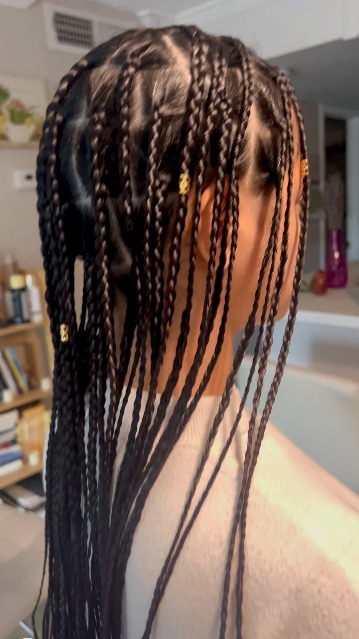 Long black braids transitioning from cornrows on the scalp into individual box braids.