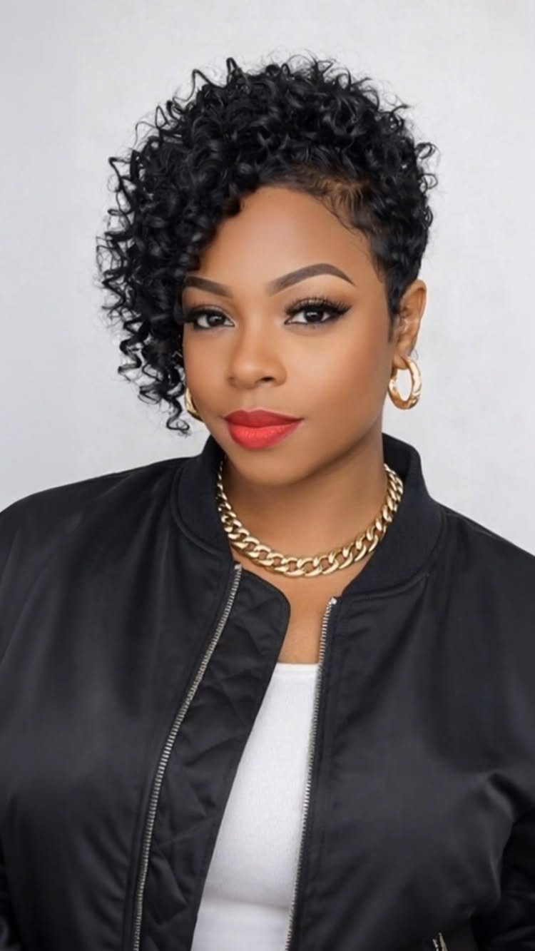 Curly Hair Design: 10 Ideas for Every Length and Texture 5 Woman with short black curly hair styled in a side-parted pixie cut.