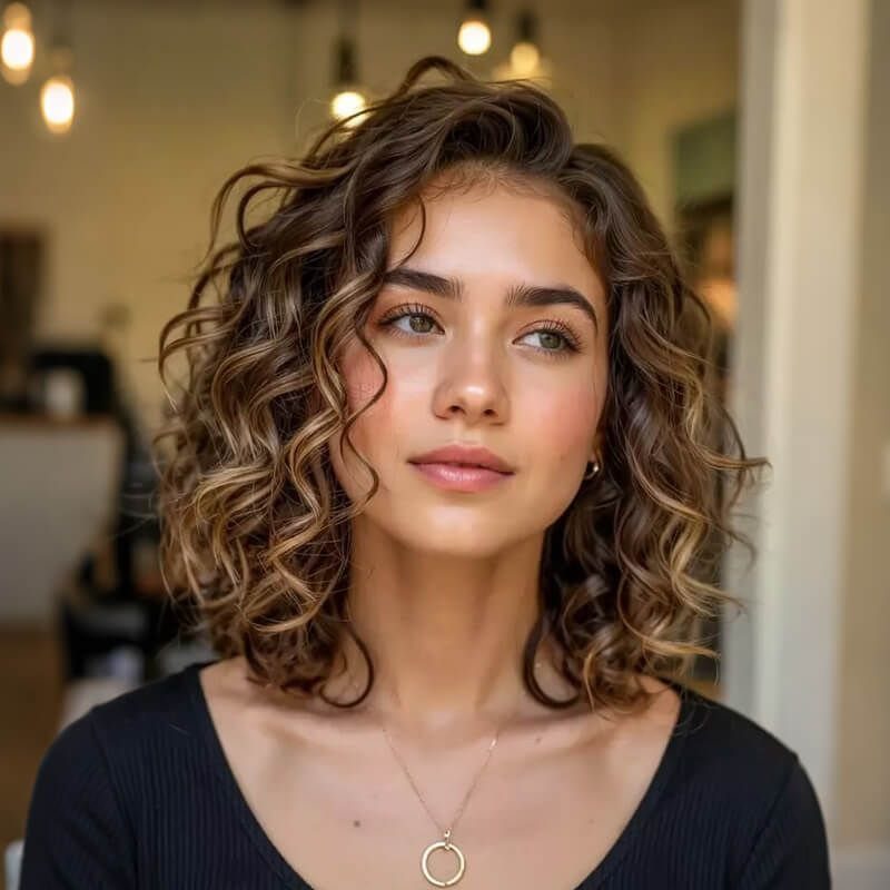 Curly Hair Design: 10 Ideas for Every Length and Texture 2 Woman with shoulder-length layered brown curly hair wearing a black top and necklace.