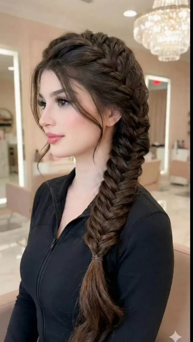 16 Cute Hairstyles for a Birthday Party, Waves to Braids 9 Woman with brown hair styled in a thick side fishtail braid over her shoulder.