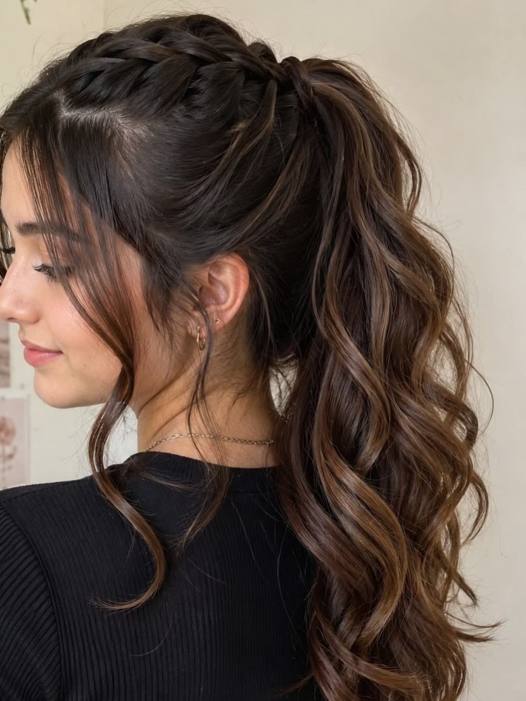 16 Cute Hairstyles for a Birthday Party, Waves to Braids 10 Woman with a braided high ponytail and long, voluminous brown curls.