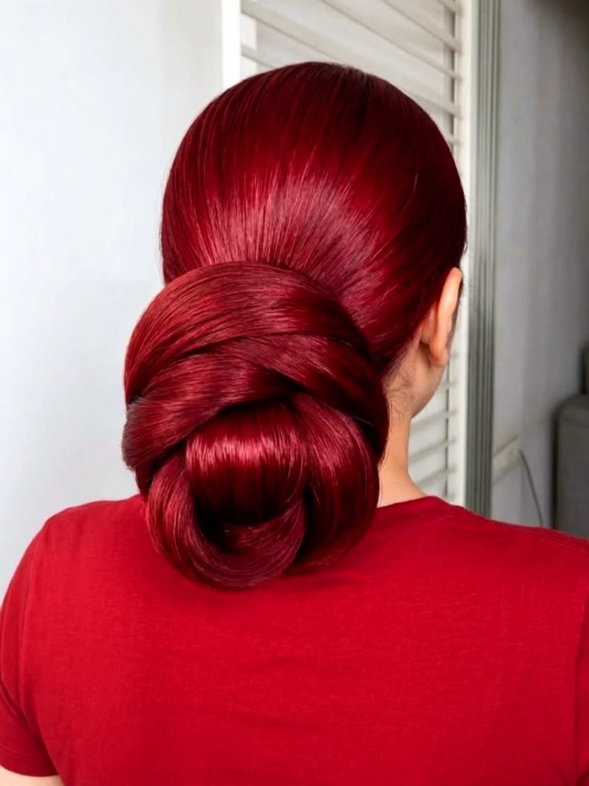 Vibrant red hair styled in a polished knotted low bun from behind