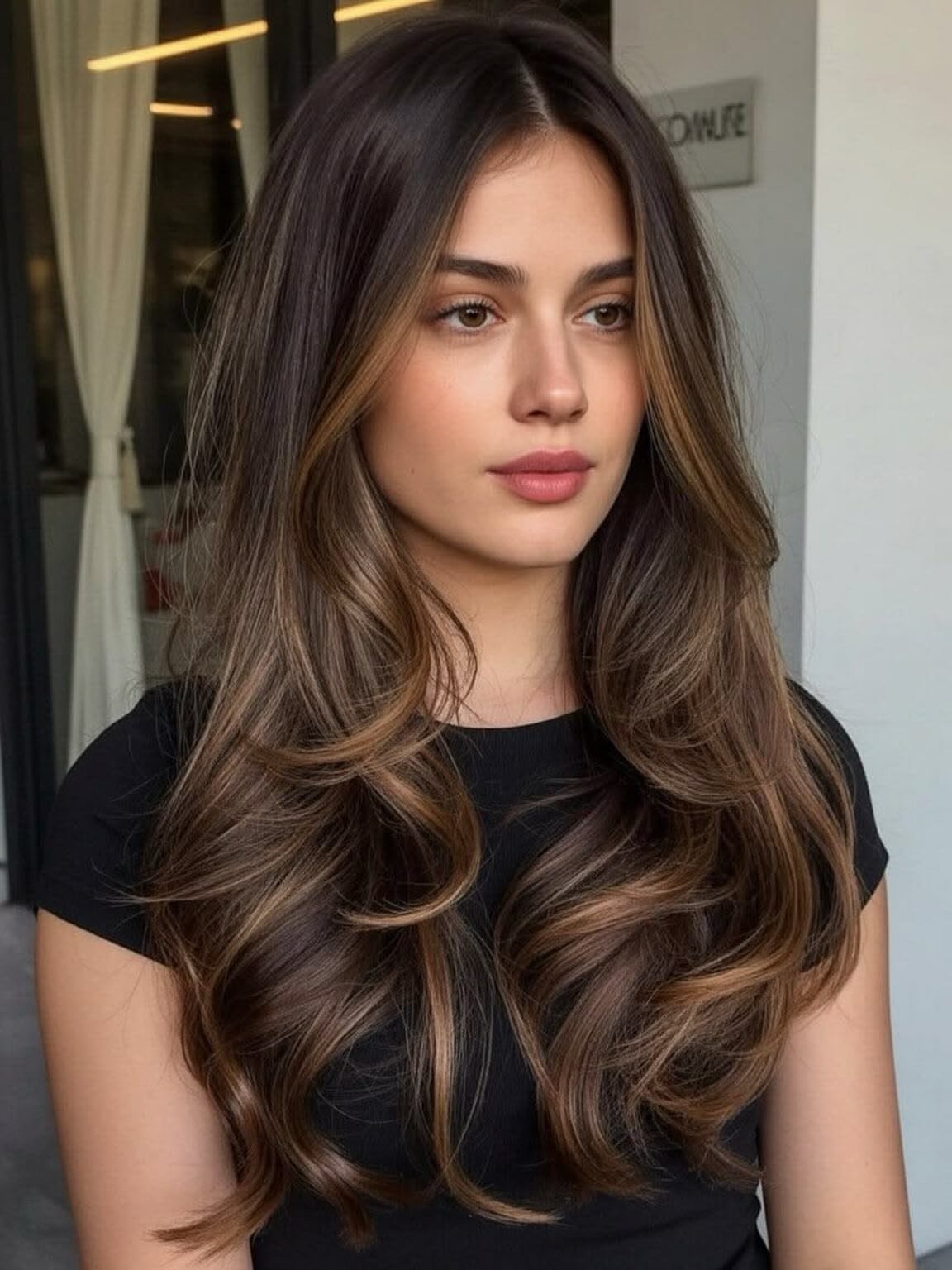 16 Dark Brunette Hair Color Ideas for Every Skin Tone 4 Woman with long wavy dark brown hair and golden honey balayage highlights.