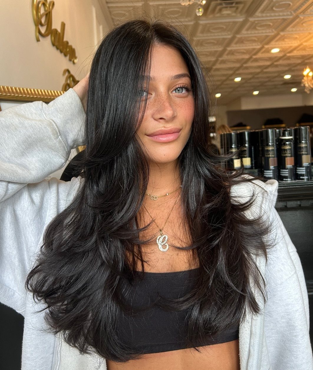 16 Dark Brunette Hair Color Ideas for Every Skin Tone 14 Woman with long, voluminous deep brunette hair posing in a hair salon.