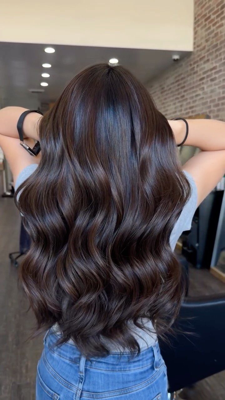 16 Dark Brunette Hair Color Ideas for Every Skin Tone 2 Long wavy espresso brown hair with a high gloss shine from behind.