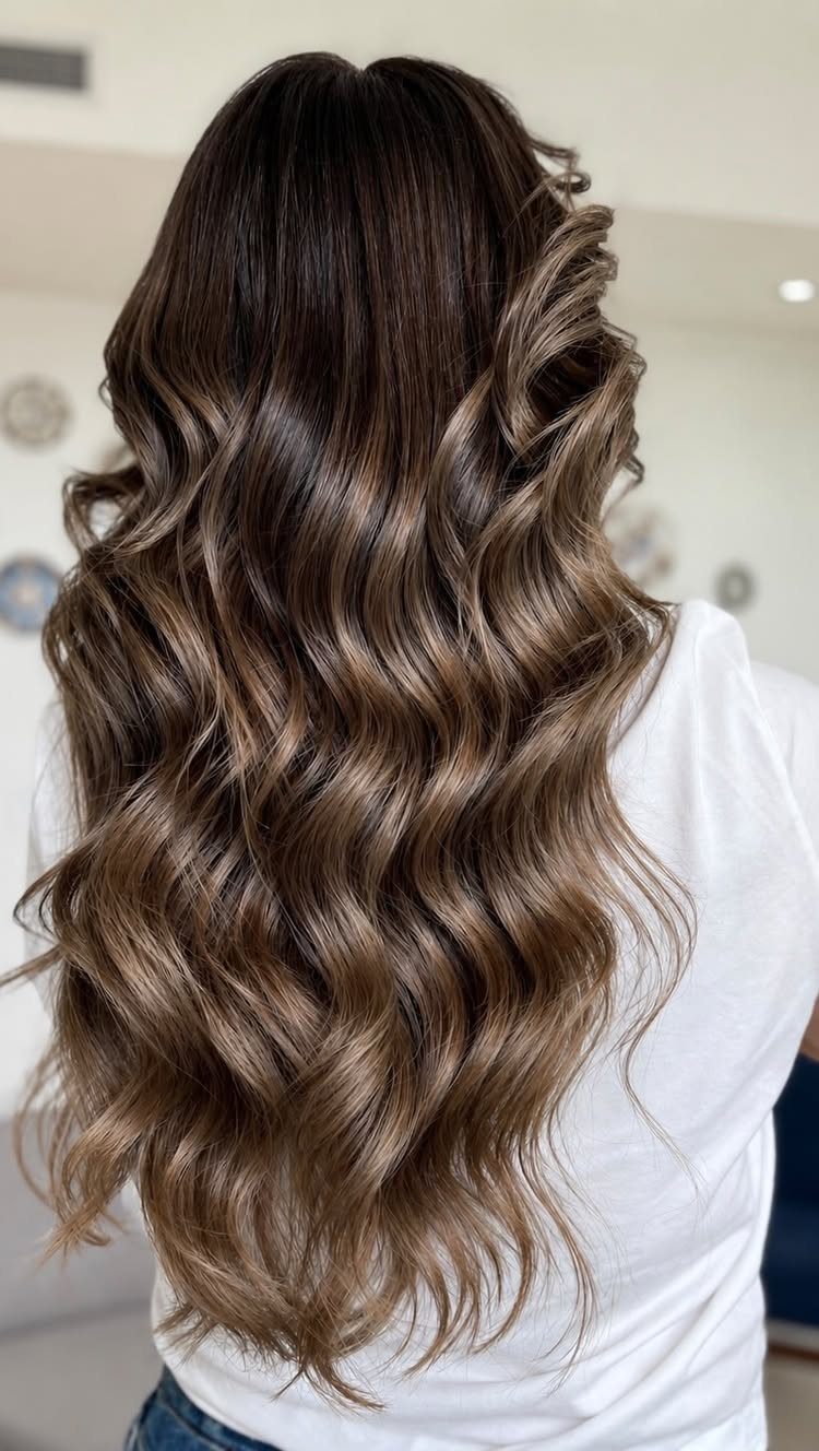 16 Dark Brunette Hair Color Ideas for Every Skin Tone 13 Long wavy hair with dark brown roots and smoky ash brown balayage highlights.