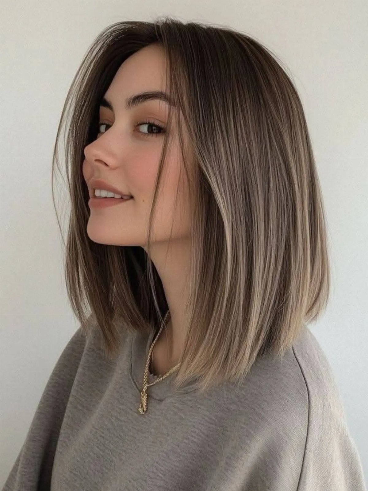 Fall Hair Dos with 15 Ideas from Burnt Copper to Claw Clips 7 Woman with a chin-length modern bob haircut with brown and blonde highlights.