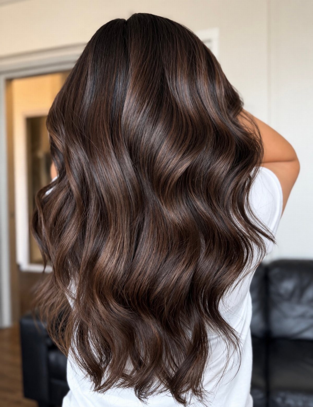 Fall Hair Dos with 15 Ideas from Burnt Copper to Claw Clips 5 Long, glossy brunette hair styled in deep, voluminous waves seen from behind.
