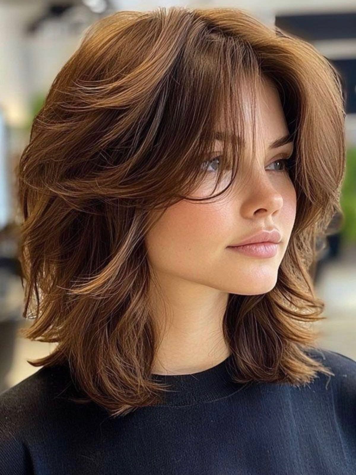 Fall Hair Dos with 15 Ideas from Burnt Copper to Claw Clips 14 Woman with a voluminous brown shag haircut featuring heavy layers and bangs.