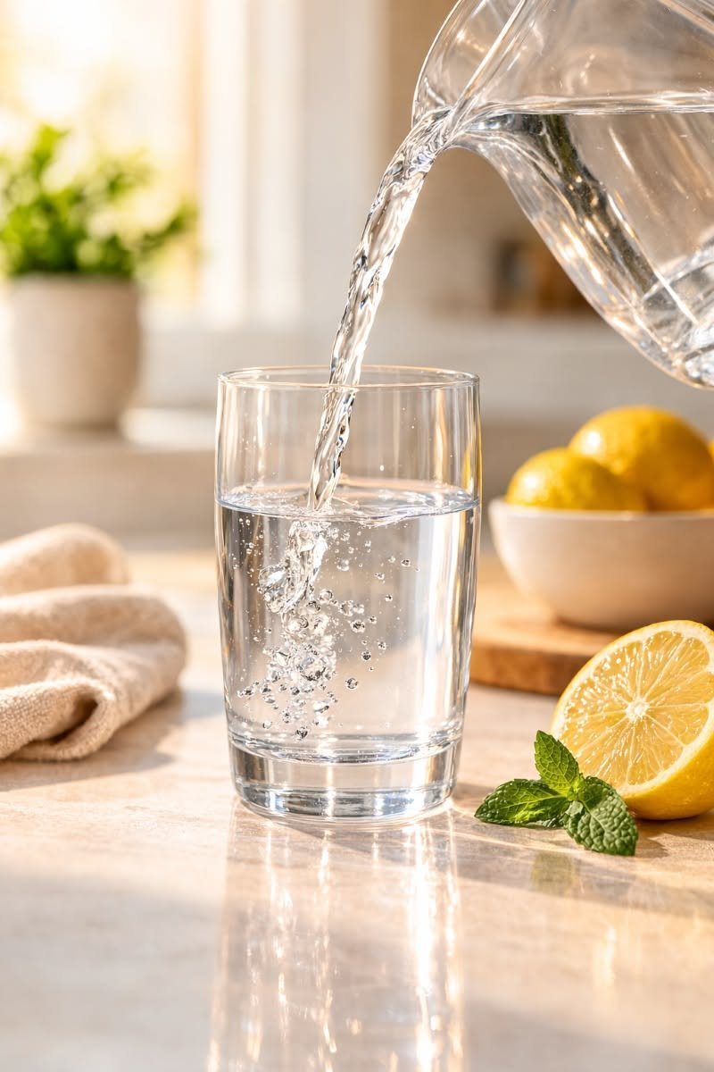 4 Ways to Grow Hair Fast: Scalp, Water, Silk and Masks 2 Water pouring from a pitcher into a glass with lemons and mint nearby.