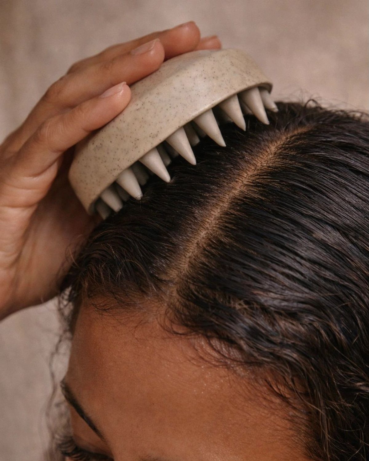 4 Ways to Grow Hair Fast: Scalp, Water, Silk and Masks 1 Hand using a beige spiked scalp massager on dark hair at the part.