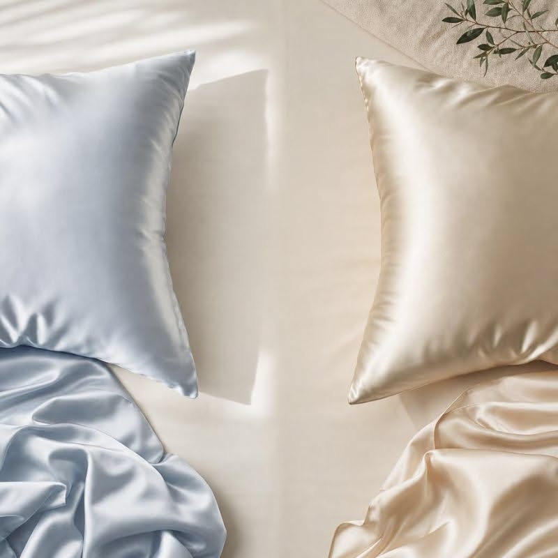 4 Ways to Grow Hair Fast: Scalp, Water, Silk and Masks 3 Satin pillowcases in light blue and champagne gold on a white bed.