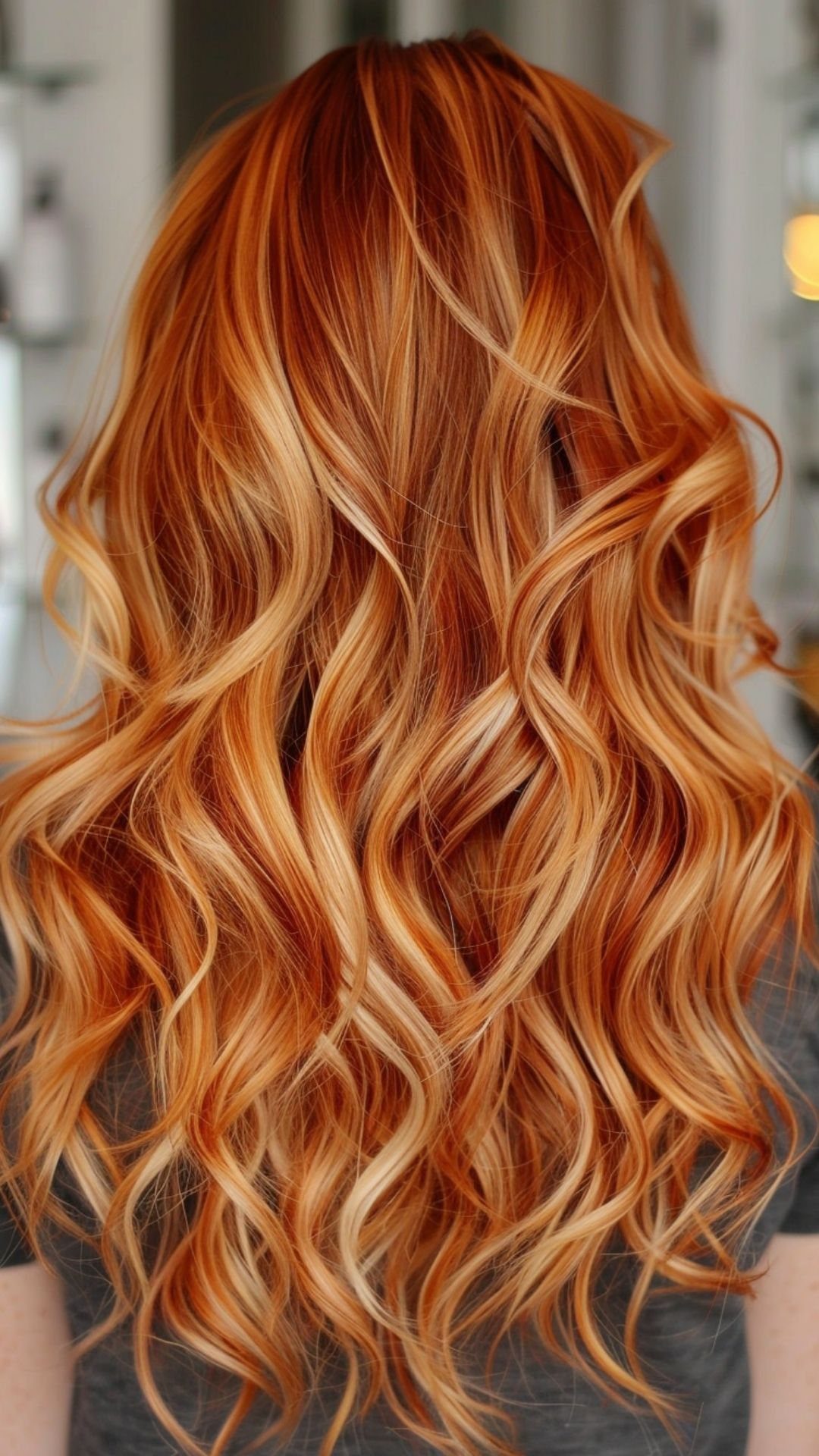 22 Hair Color Red and Blonde Ideas for Every Length 13 Long wavy hair with bright red tones and caramel blonde highlights from behind.