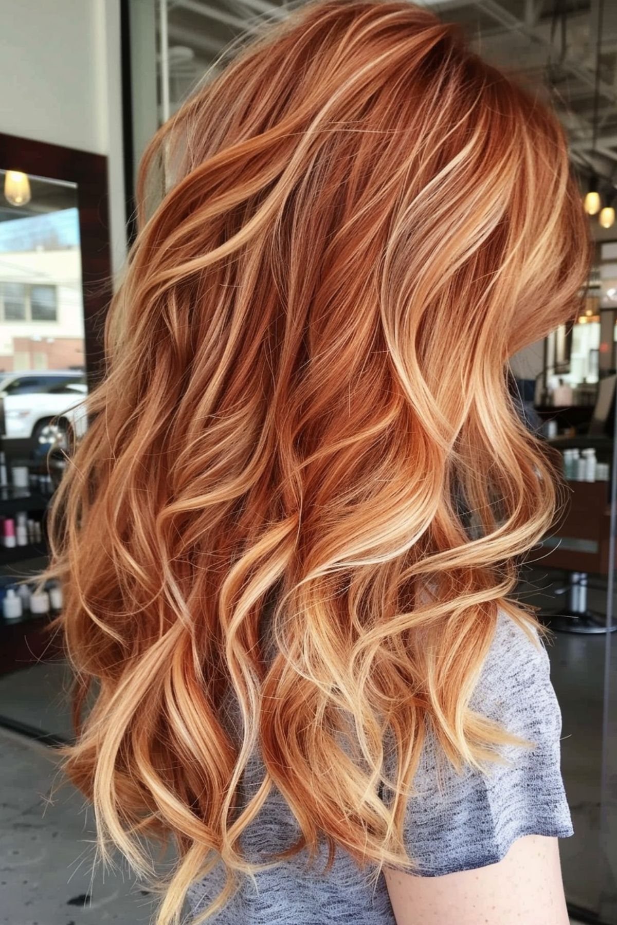 22 Hair Color Red and Blonde Ideas for Every Length 4 Long wavy hair with copper red roots blending into golden blonde ombre tips.