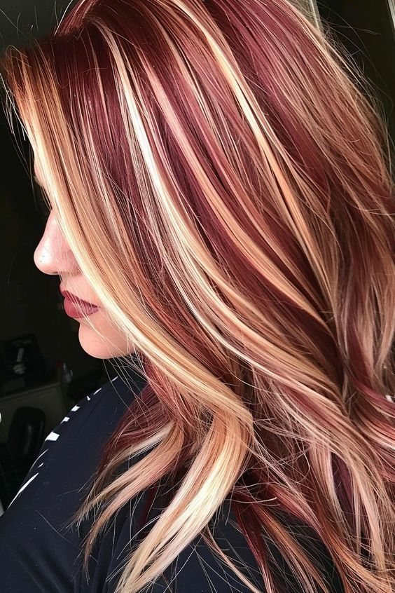 22 Hair Color Red and Blonde Ideas for Every Length 7 Woman with deep red wavy hair and pale blonde highlights in side profile.