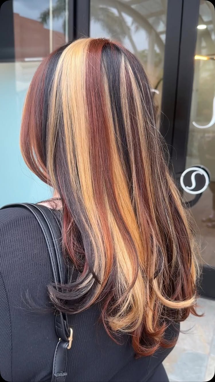 22 Hair Color Red and Blonde Ideas for Every Length 19 Long layered hair with vibrant red and bright blonde highlights from behind.