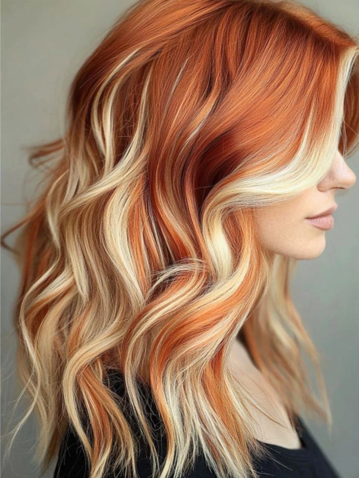 22 Hair Color Red and Blonde Ideas for Every Length 14 Woman with long wavy copper-red hair and bright blonde face-framing highlights.