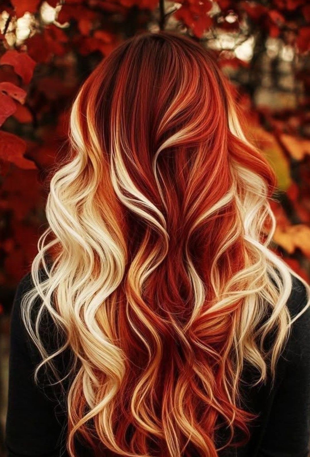 22 Hair Color Red and Blonde Ideas for Every Length 11 Long wavy ruby red hair with bright blonde highlights against autumn leaves