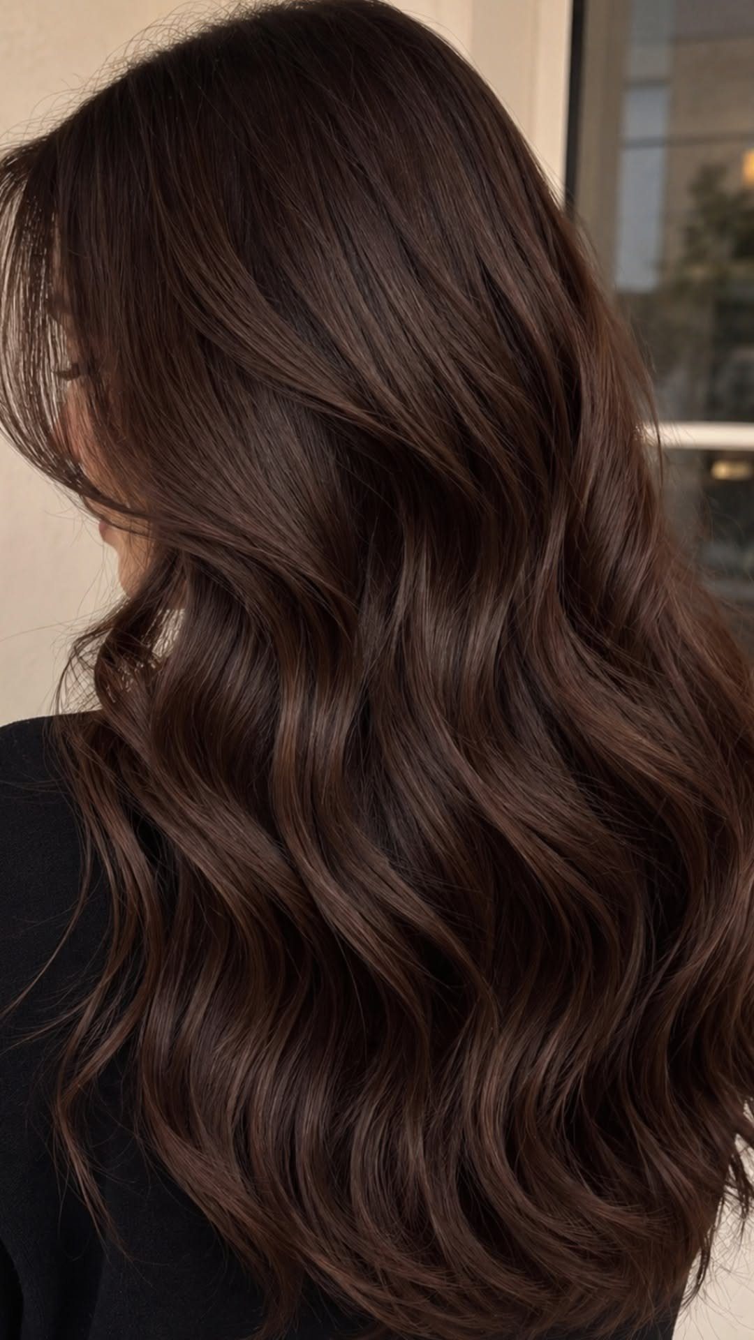 Hair Colour Ideas Brown: 13 Shades From Chestnut to Mahogany 7 Long wavy dark brown hair with a glossy finish and voluminous curls.