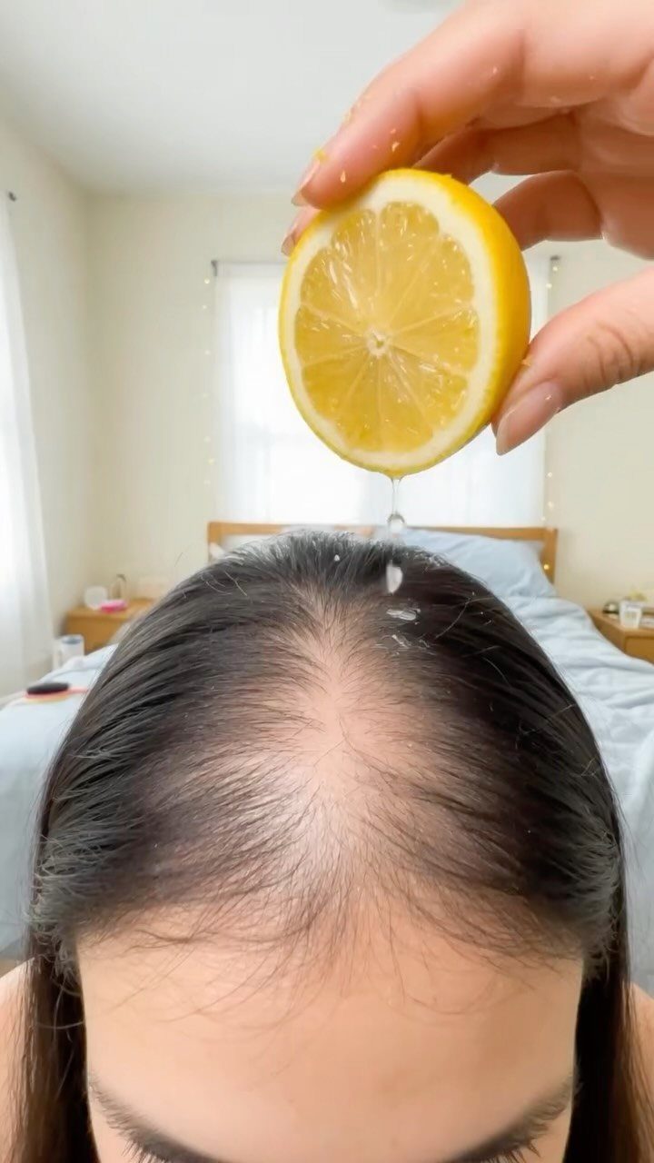3 Hair Growth Tips at Home: Lemon, Rosemary, Serum 1 Lemon slice being squeezed over a person's scalp to apply fresh juice.