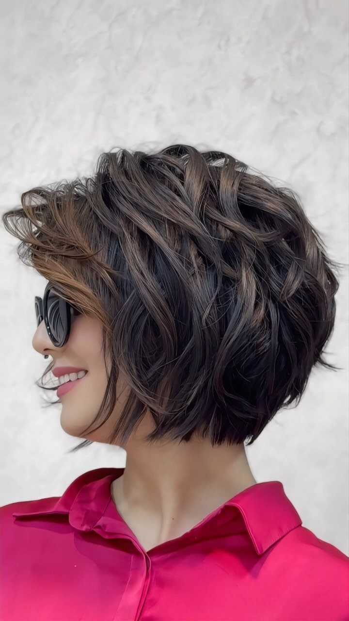 Woman with a short textured wavy haircut with brown and blonde highlights.