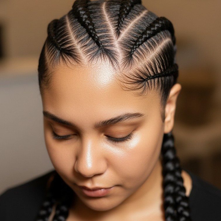 17 Hairstyles for Football Games: Braids, Buns & Ponytails 4 Woman with multiple tight Dutch braids styled from the forehead to the back.