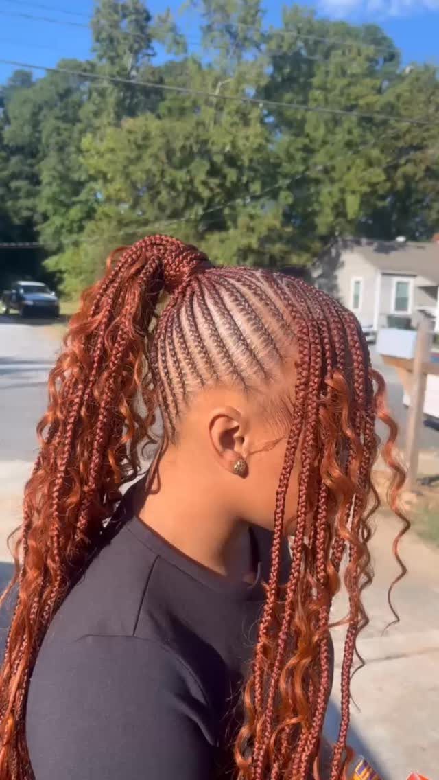 17 Hairstyles for Football Games: Braids, Buns & Ponytails 2 Reddish-brown cornrows leading into a high ponytail of long curly braids.