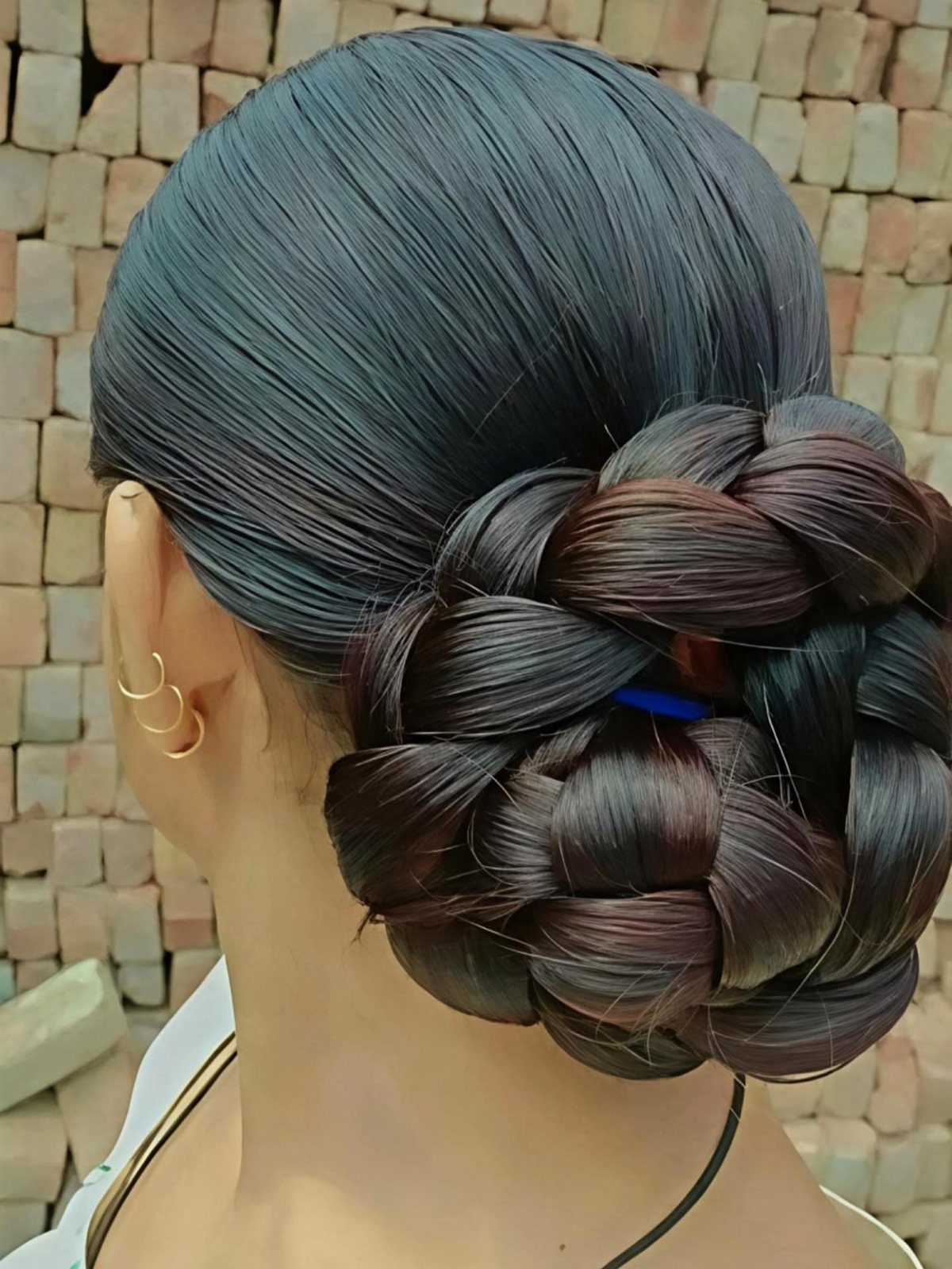 10 Hairstyles on Saree for Every Look and Occasion 3 Intricate braided bun hairstyle on dark hair viewed from the back.
