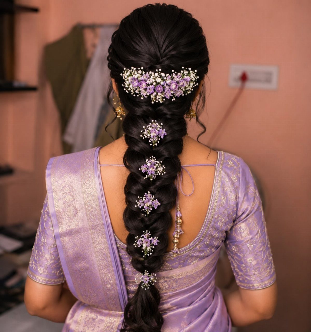 10 Hairstyles on Saree for Every Look and Occasion 7 Long dark braid adorned with purple floral jewelry on a person in a saree