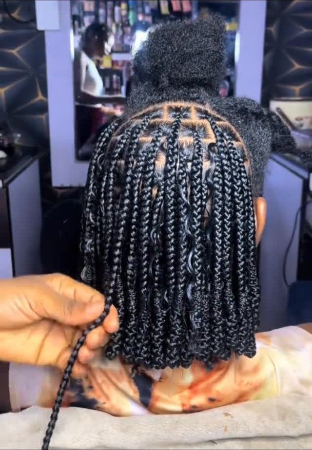 23 Hairstyles with Black Hair: Braids, Cuts, and Buns 19 Shoulder-length braided bob on a person with black hair in a salon setting.