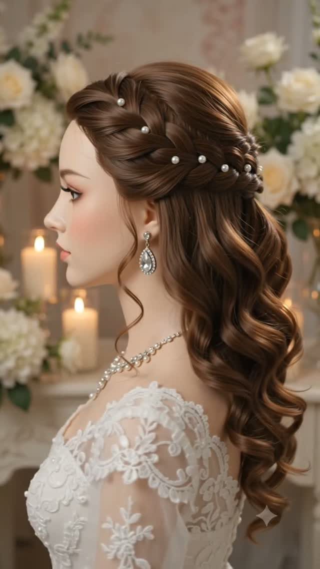 Half Braid Half Curly Hairstyles: 5 Ideas to Try 1 Woman with a pearl-adorned crown braid and long curly brown hair wearing lace.