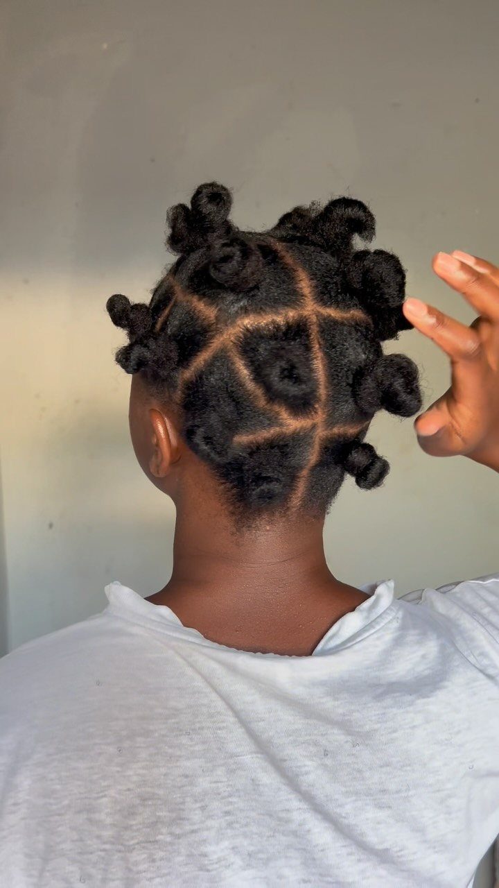 Healthy Hair Styles: 17 Protective Ideas for Natural Hair 3 Back view of dark hair styled into coiled Bantu knots with geometric parting.