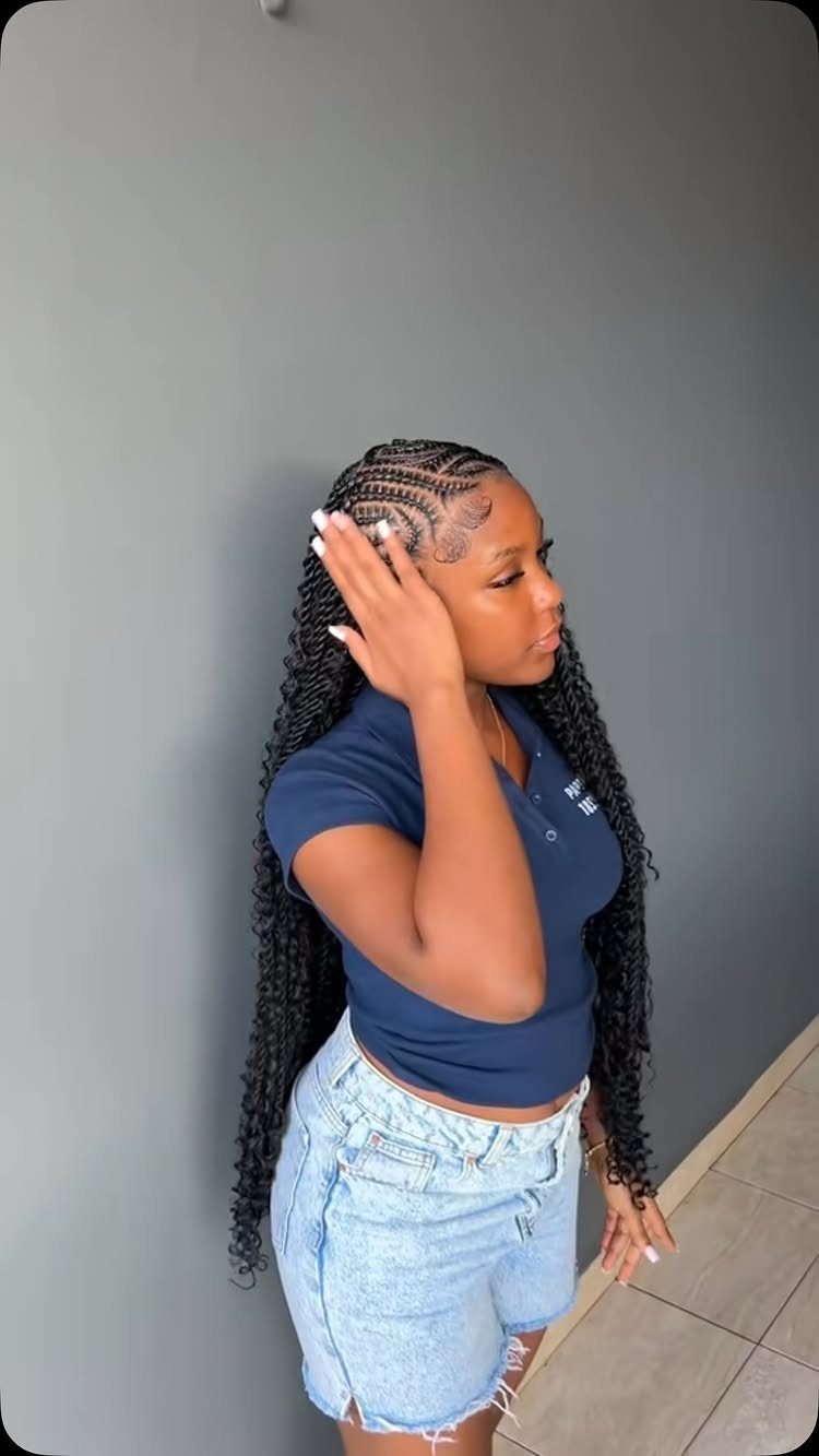 Healthy Hair Styles: 17 Protective Ideas for Natural Hair 14 Woman with cornrows on top and long curly braids wearing a navy polo.