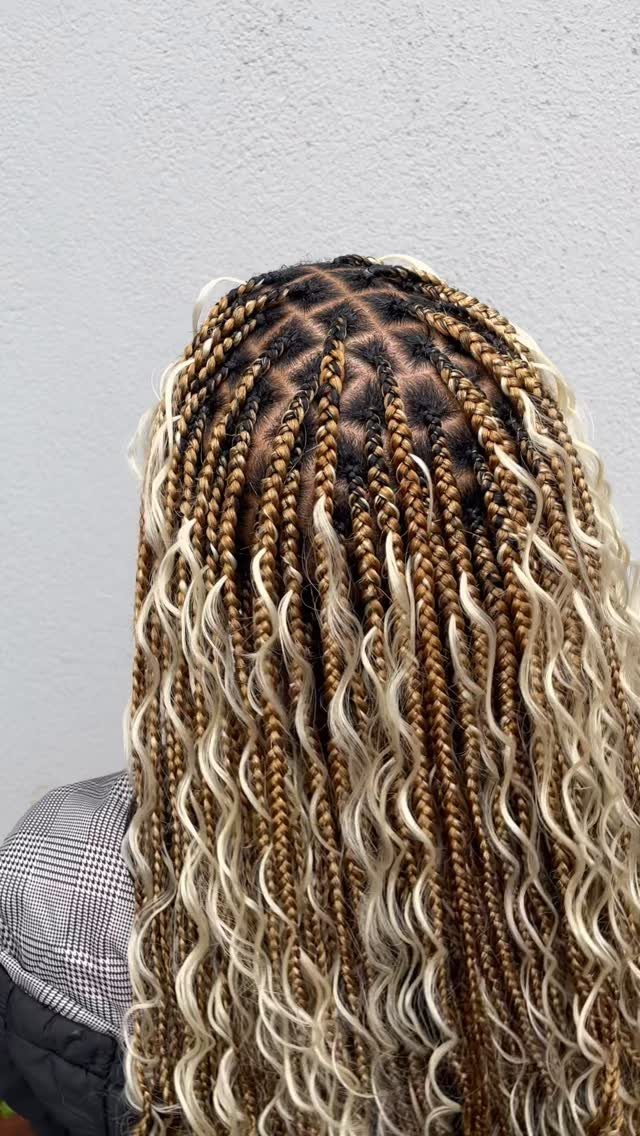 Healthy Hair Styles: 17 Protective Ideas for Natural Hair 11 Long blonde and brown goddess braids with curly tendrils seen from behind.