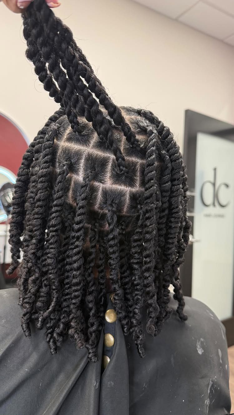 Healthy Hair Styles: 17 Protective Ideas for Natural Hair 4 Two-strand twists on dark hair with square parting in a salon setting.