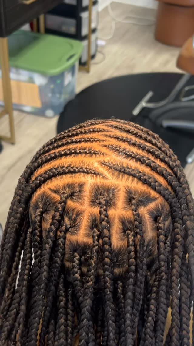 6 Knotless Braids Men Can Wear: Styles With Fades and Color 6 Knotless braids on a head with curved parting lines and dark brown hair.