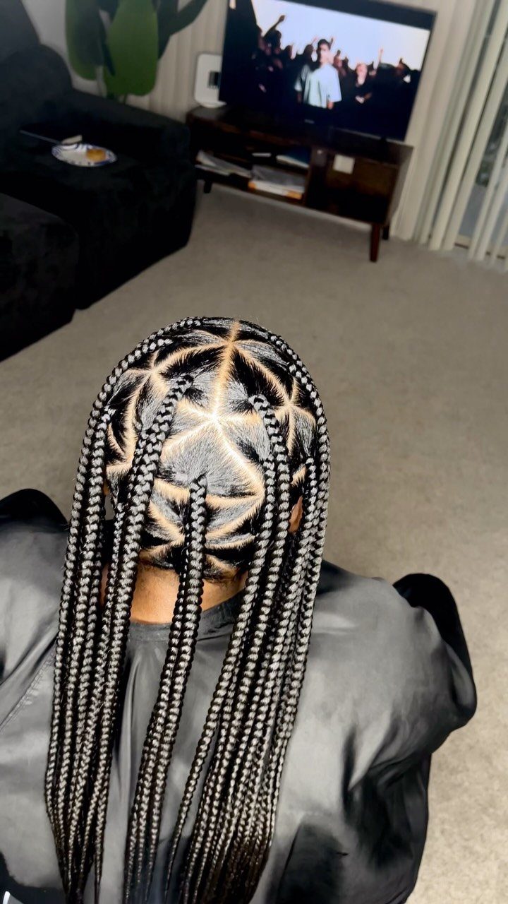 6 Knotless Braids Men Can Wear: Styles With Fades and Color 3 Long black box braids with precise triangular scalp partings on a person.