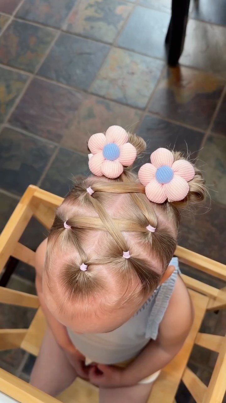 10 Little Rubber Bands for Hairstyles Kids Love 9 Child's blonde hair styled with small pink rubber bands and pink flower accessories