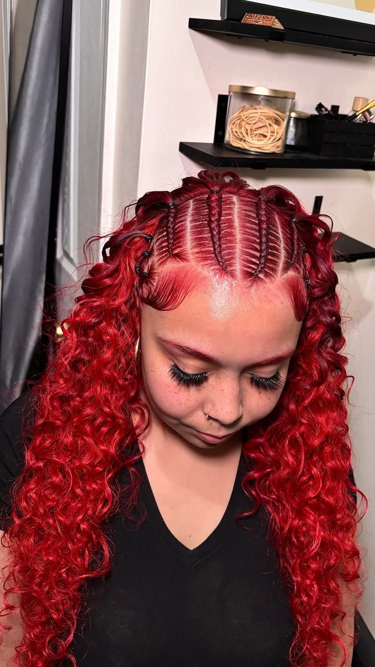 10 Little Rubber Bands for Hairstyles Kids Love 3 Person with red curly hair featuring cornrow braids secured with black rubber bands.